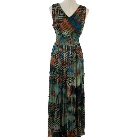 Chris McLaughlin Teal Rust Green Boho Vintage Overlay Maxi Dress Pleated Size 4 - Picture 3 of 6